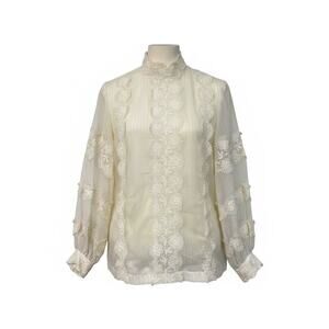 VINTAGE JOY STEVENS PALE YELLOW LACE SHEER BALLOON SLEEVES TOP BLOUSE TUNIC S/M